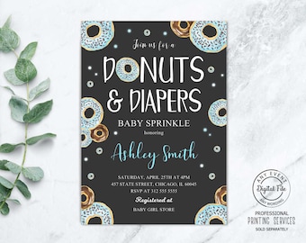 Donuts and Diapers Boy Baby Sprinkle Invitation Printable, Donut Baby Shower Party Invite, Sprinkled With Love, Breakfast Coed Shower