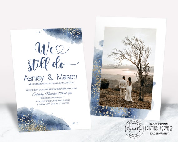 Modern Watercolor Blue and Gold Vow Renewal Invitation Printable, We Still Do Wedding Anniversary Invite Digital, Picture Invitation Il_570xn
