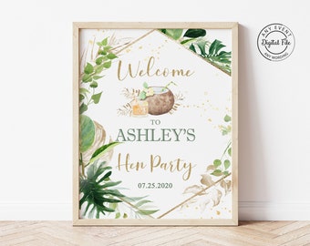 Tropical Hen Party Welcome Sign, Bachelorette Table Decor Printable, Hen Weekend, Hen Do Floral Gold Green Getaway Bridal Shower No. 1017