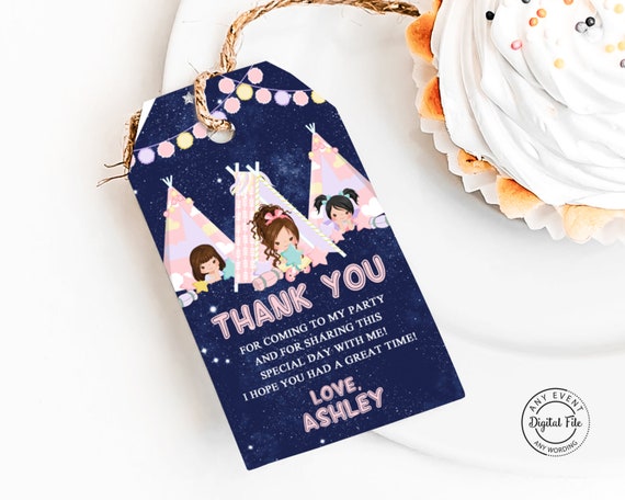 Slumber Party Thank You Tag, Sleepover Birthday Favors Bag Tag, Teepee Party, Tent Teen Glamping, Girl Backyard Birthday Printable Il_570xn