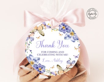 Purple Butterfly Baby Shower Thank You Tag, Butterfly Kisses and Baby Wishes Baby Sprinkle Party Favors Tag Butterfly on The Way Party Decor