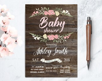 Floral Rustic Baby Shower Invite, Printable Wood Girl Baby Shower Invitation, Boho Rustic Shower Invite, Pink Roses Baby Shower Invite