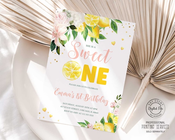 She is a Sweet One Lemon Girl 1st Birthday Invitation, Floral Lemonade First Birthday Invite, Watercolor Citrus Invite Printable 1055 Il_570xn