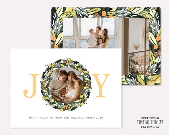 Joy Happy Holidays Family Photo Card Printable, Merry Christmas Greeting Card, Floral Holiday Card, Merry and Bright Il_570xn