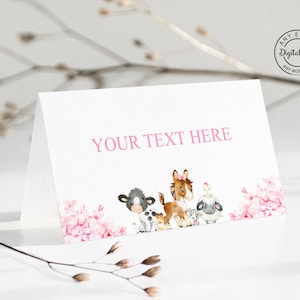 Étiquettes de nourriture pour animaux de la ferme florale rose, carte de lieu de fête d'anniversaire de fille de basse-cour, cartes de tente de nourriture de zoo pour enfants, douche de bébé ou saupoudrer 1018