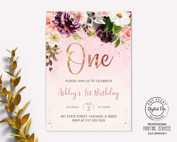 Floral Pink and Gold Girl 1st Birthday Invitation, Baby's First Birthday Garden Party Invite, Blush Printable 1st Birthday Invite Il_570xn