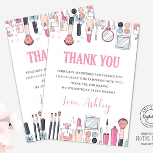 Tarjeta de agradecimiento por fiesta de cumpleaños de maquillaje, etiquetas de regalo para fiesta de pijamas de niñas, bolsas de regalo para fiesta de spa, decoración de cambio de imagen glamoroso 1024