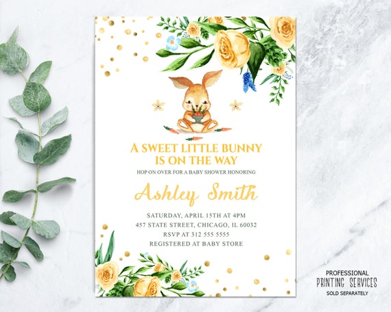 Easter Bunny Boy Baby Shower Invitation Printable, Floral Yellow Roses Rabbit Sprinkle Invite, Some Bunny Party Il_570xn