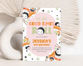 Convite para festa de aniversário de sushi, convite para aniversário de sushi, festa temática de sushi para impressão, deixe os bons momentos rolarem, convite personalizável