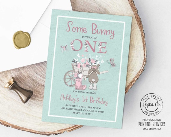 First Birthday Some Bunny is Turning One Invitation, Floral Woodland Party Invite, Spring Easter Girl 1st Birthday Invitation Printable Il_570xn