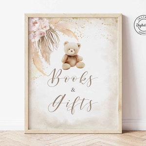 Boho Teddybär Babyparty Bücher und Geschenke Zeichen, Oh Baby Boho Streudekor, Pampas Grass Tisch Zeichen, Wir können Bären warten Digital 1061