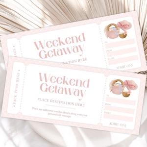 Beach Weekend Getaway Gift Voucher, Weekend Away Travel Voucher, Birthday Voucher, Hotel Stay Coupon Ticket, Pack Your Bags, Trip Away