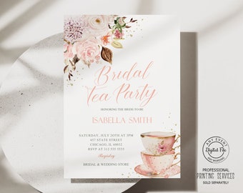 May include: Bridal tea party invitation with a watercolor floral design and a pink teacup and saucer. The invitation includes the bride-to-be's name, Isabella Smith, the date and time of the party, the address, and the RSVP information. It also includes the text "Registry" and "Bridal & Wedding Store".