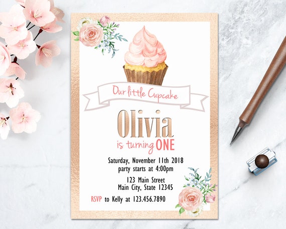 Sweet Girl Birthday Invite, Floral Girl 1st Birthday, Floral Pink Birthday Invite, Little Cupcake Birthday Party Invite, Cupcake DIY Party Il_570xn
