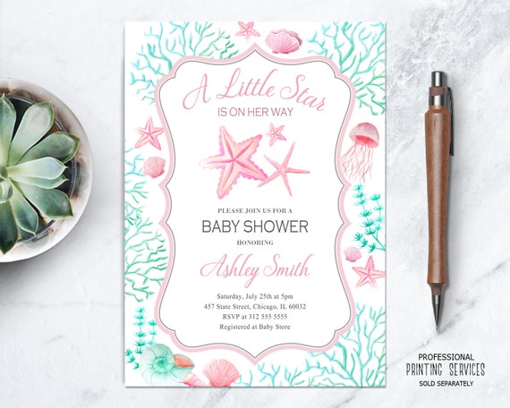 Pink Starfish Baby Shower Invitation for Girl Printable Under the Sea Invite Il_570xn