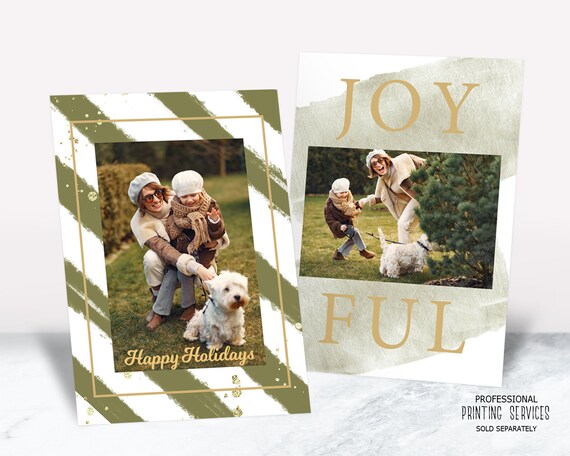 Green and Gold Stripes Happy Holidays Family Photo Card, Merry Christmas Greeting Card, Joyful Christmas Card, Printable Elegant Il_570xn