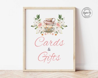 Tea Party Bridal Shower Cards and Gifts Sign, Floral Bridal Tea Party Decor, Tea With the Bride to be Table Sign Printable Digital 1043