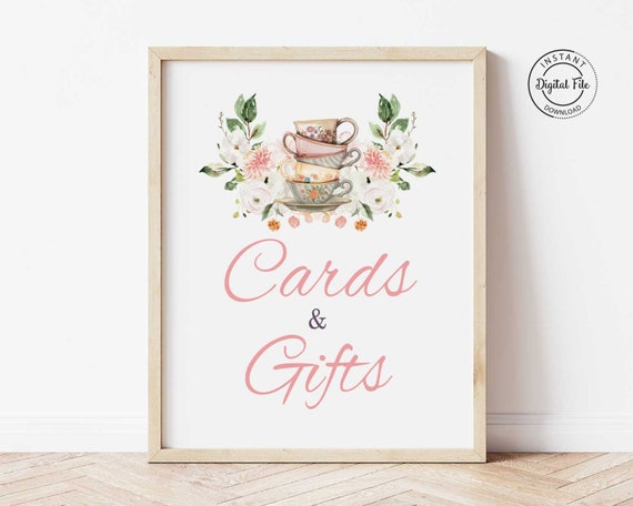 Tea Party Bridal Shower Cards and Gifts Sign, Floral Bridal Tea Party Decor, Tea With the Bride to be Table Sign Printable Digital 1043 Il_570xn