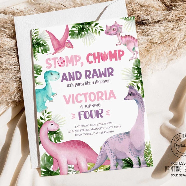 Girl Dinosaur Birthday Invitation | Cute Dino Girl Party Invite, Jurassic T-rex, Stomp Chomp and Rawr, Dino-mite Party Invite, Pink Dinosaur