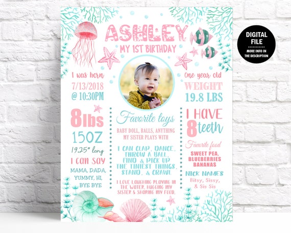 Under the Sea Girl 1st Birthday Poster Printable, Kids Milestone