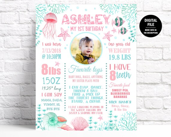Under the Sea Girl 1st Birthday Poster Printable, Kids Milestone Ocean Party Decor Sign Any Age Il_570xn