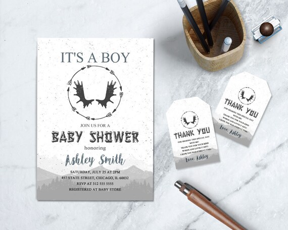 Moose Baby Printable Invite, Rustic Boy Baby Shower Invitation, Woodland Baby Shower DIY Part, Forest Theme Baby Shower Invitation Il_570xn
