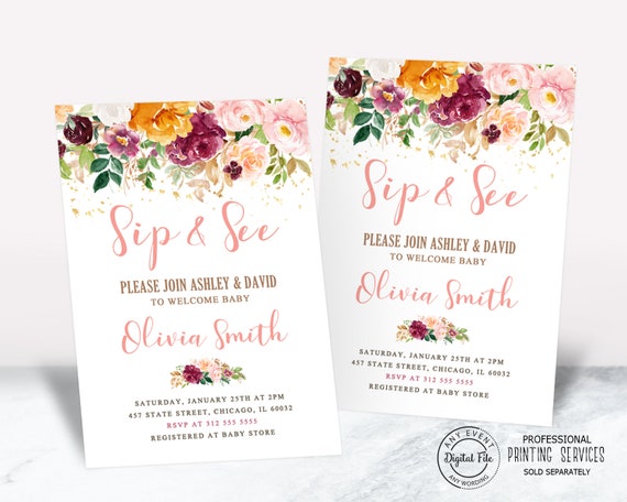 Floral Girl Sip and See Baby Shower Invitation, Meet and Greet New Baby Gender Neutral Sip Sip Hooray Party Invite Il_570xn