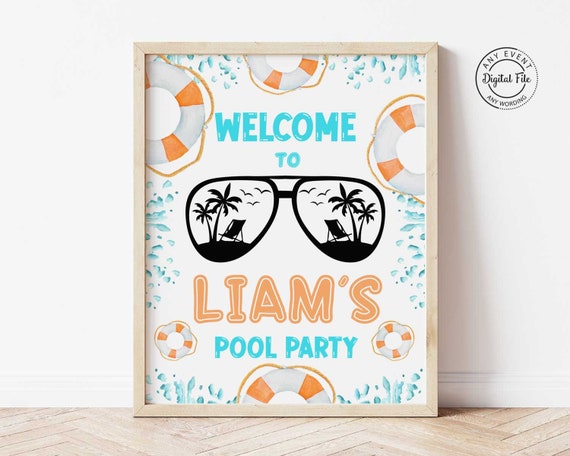 Boy Pool Party Welcome Sign, Water Park Birthday Party Decor, Cool by the Pool Table Sign, Splash Pad Decoration Digital Sunglasses Beach Il_570xn