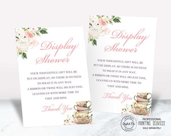 Display Shower Card, Bridal Shower Tea Party Be a Dear Wrap in Clear Card Printable, Floral Teacup Unwrapped Gifts Insert Card Digital, 1043
