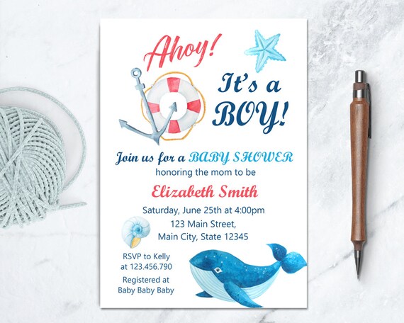 Ahoy Baby Shower Invite Nautical Theme Baby Shower Whale Baby Ahoy Baby Shower Invite Nautical Theme Baby Shower Whale Baby