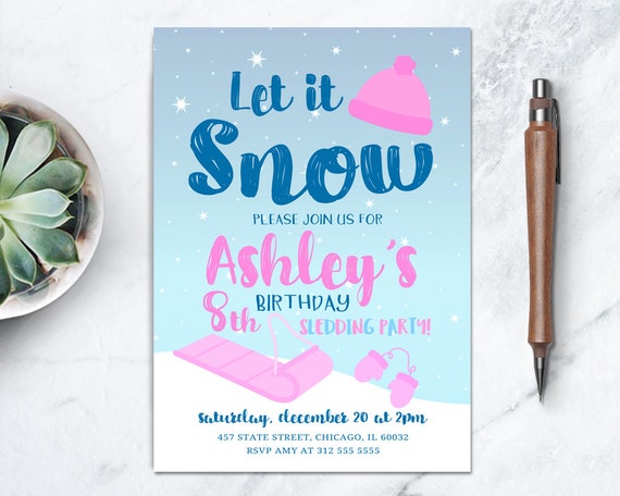Snow Kids Birthday Invitation, Winter Kids Birthday Party Invite, Winter Wonderland Party Printable Invitation, Snow Tube, Girl Birthday Il_570xn