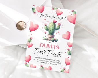 May include: Pink and white invitation with a cactus illustration and the text "It's Olivia's First Fiesta". The invitation includes details for a party on Saturday, November 10th at 2:00 PM.