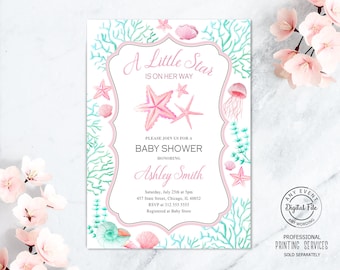 Pink Starfish Baby Shower Invitation for Girl Printable Under the Sea Party Invite, Beach Sprinkle Invite Nautical 1057