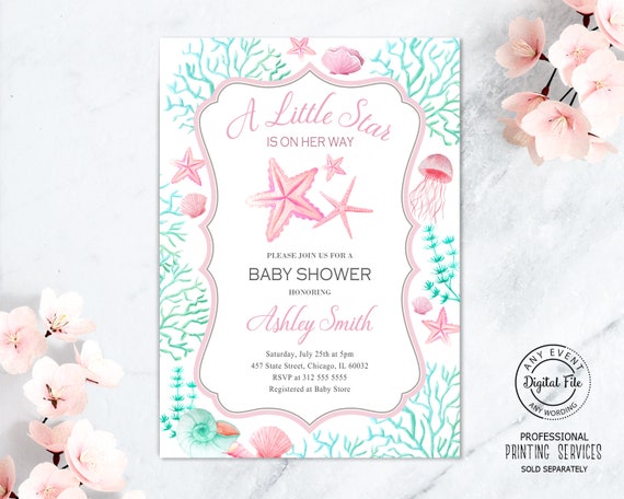 Pink Starfish Baby Shower Invitation for Girl Printable Under the Sea Party Invite, Beach Sprinkle Invite Nautical 1057 Il_570xn