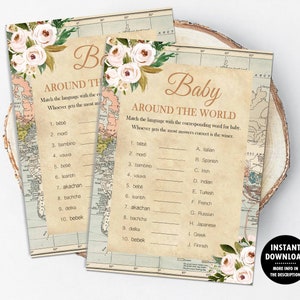 Baby Around the World Baby Shower Game, Floral World Map Travel Theme Activities Printable, Language Game, Instant Download 1014