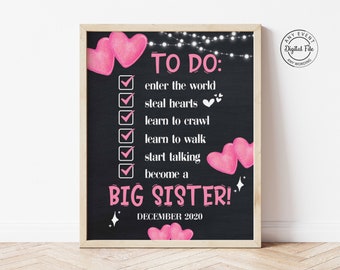 Pink Hearts Big Sister To Do List, Big Sister Announcement Sign, Big Sister Checklist, Promoted to Big Sis, Pregnancy Announcement Reveal