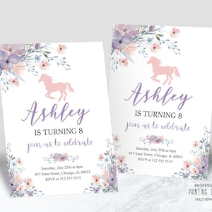 Floral Purple and Pink Horse Birthday Invitation Printable, Horseback Riding Girl Birthday Party Invite, Saddle up, Cowgirl, Pony