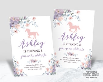 Floral Purple and Pink Horse Birthday Invitation Printable, Horseback Riding Girl Birthday Party Invite, Saddle up, Cowgirl, Pony