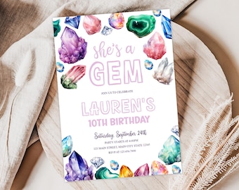 Crystal Gemstone Birthday Invitation, She's a Gem Birthday Invitation, Rocks and Gem Mining Invitation, Gem Invitation You Rock Printable