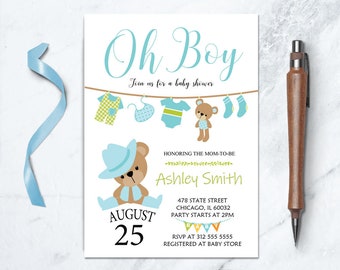 Printable Oh Boy Baby Shower Invite, Blue and Green Baby Boy Invitation, Bear Baby Shower Theme, Its a Boy Shower Invitation, Cute Bear