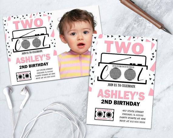 Two Cool Birthday Invitation, Pink and Black 2nd Birthday Invite, Two Cool Birthday Party Girl 2nd Birthday Printable Invite Second Birthday Il_570xn