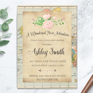 Reizen babyshoweruitnodigingen, kaart babyshower uitnodigen, avontuurlijke babyshower uitnodigen, babyuitnodiging over de hele wereld, kaartuitnodiging 1014