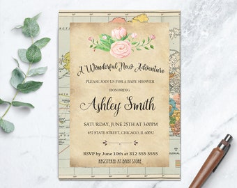 Travel Baby Shower Invitations, Map Baby Shower Invite, Adventure Baby Shower Invite, Around the World Baby Invite, Map Invitation 1014