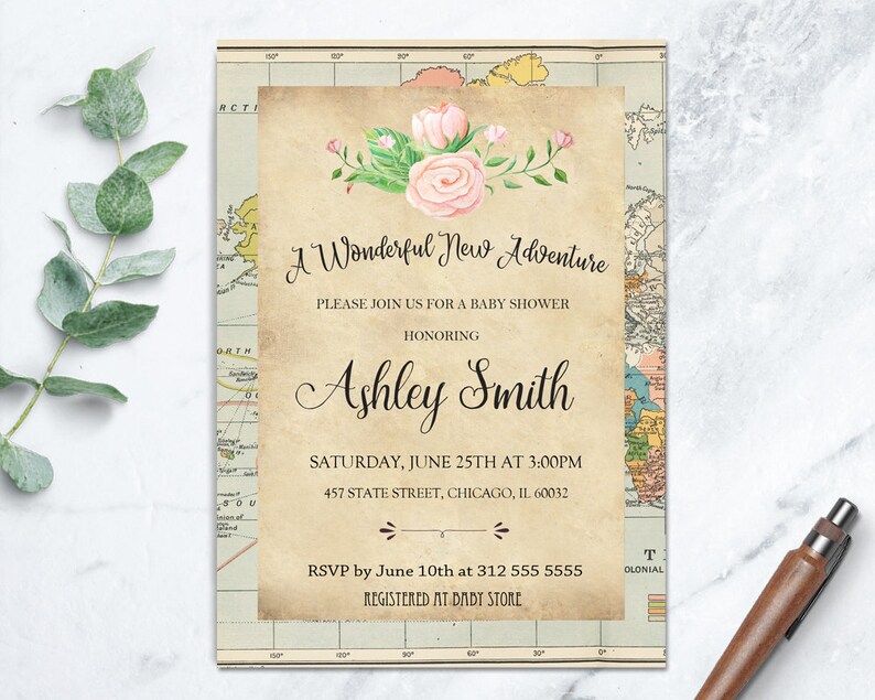 Travel Baby Shower Invitations, Map Baby Shower Invite, Adventure Baby Shower Invite, Around the World Baby Invite, Map Invitation