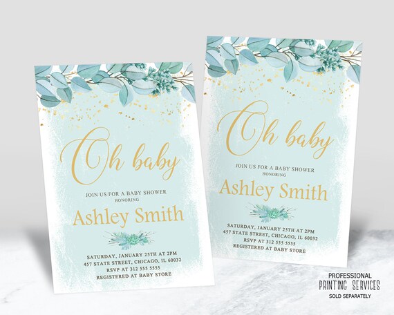 Oh Baby Boy Baby Shower Invitation, Floral Blue and Gold Winter Wonderland Christmas New Baby Invite, Oh Babies Party Printable Il_570xn