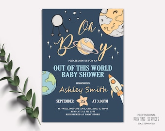 Space Baby Shower Invitation, Out of This World Planet Sprinkle Invite Printable, Rocket Ship Its a Boy Party Invitation