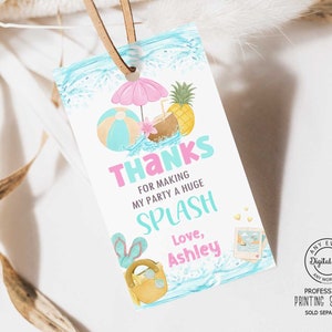 Pool-Party-Dankeschön-Tag, Wasserpark-Mädchen-Geburtstags-Gastgeschenk-Anhänger, cool am Pool, Teen-Schwimmparty, Splash Pad Geschenktüten Anhänger Digital