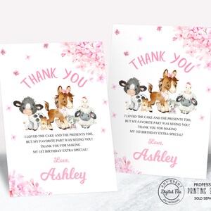 Carte de remerciement d'anniversaire floral rose animaux de la ferme, 1er anniversaire de fille, note sur les sacs de cadeaux, fête de la grange de la ferme de la basse-cour du zoo pour enfants imprimable 1018
