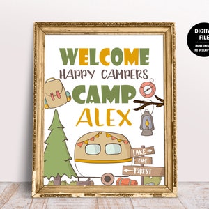 Camping Birthday Welcome Sign, Boy 1st Birthday Door Sign, One Happy Camper, Forest Adventure Camp Party Decor Decorations Printable