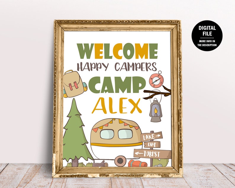 Camping Birthday Welcome Sign, Boy 1st Birthday Door Sign, One Happy Camper, Forest Adventure Camp Party Decor Decorations Printable
